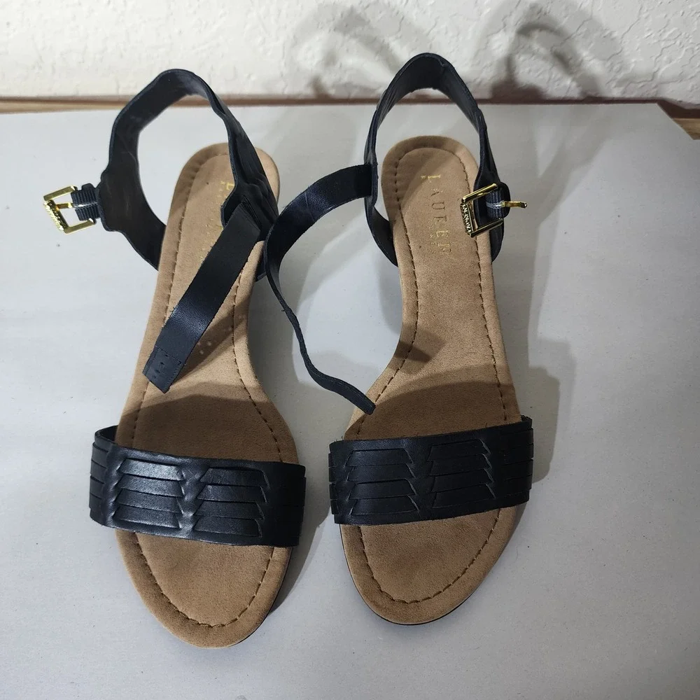 Lauren Ralph Lauren Black Leather Woven Wedge Sandals Womens 7.5B Low Heel